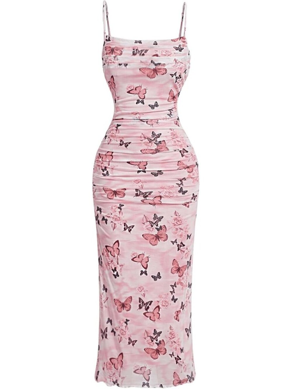 Women's Pink Polyester Elastane  Butterfly Print Ruched Backless Cami Maxi Dress